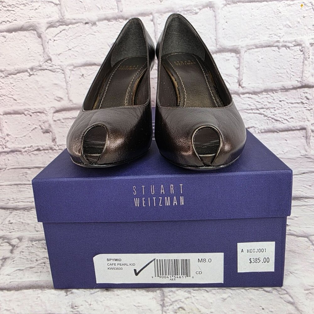 Stuart Weitzman Womens Shoes Sz 8 Cafe Pearl Leather Peep Toe High Heel Pumps - Picture 2 of 13